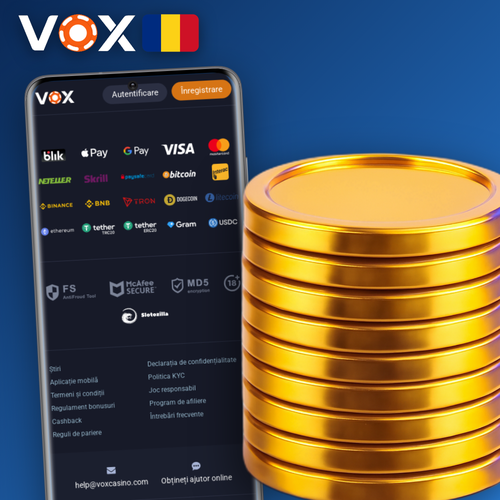 VOX Casino app pe smartphone cu sloturi colorate și meniu casino live