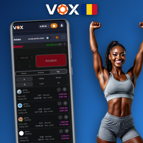VOX Casino Aviator – avion roșu stilizat cu multiplicator luminos pe fundal violet-albastru