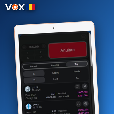 Panoul de statistici și istoric runde Aviator la VOX Casino cu multiplicatori colorați afișați