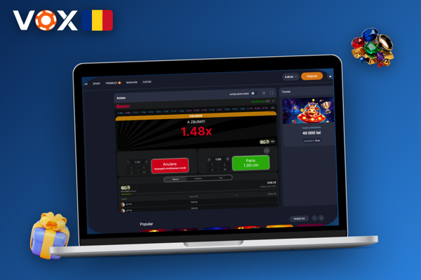 Modul demo Aviator la VOX Casino afișat pe laptop, fără înregistrare sau depunere necesară