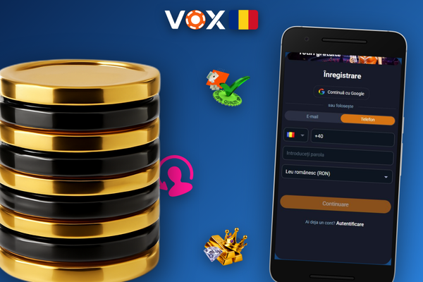 Formular de creare cont VOX Casino cu câmpuri pentru e-mail, parolă și valuta EUR