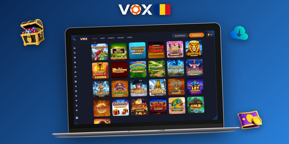 VOX Casino versiune PC în modul fullscreen pe un setup desktop premium iluminat violet-auriu