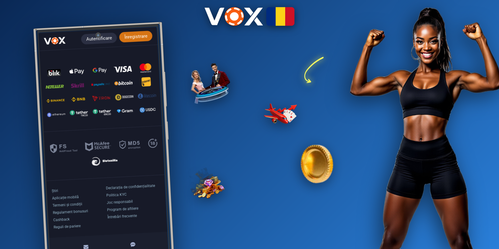 VOX Casino cod bonus VOXMAX77 pe card lucios alături de jetoane și simboluri de sloturi