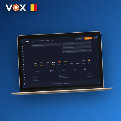 VOX Casino versiune PC cu lobby de sloturi pe monitor lat și interfață modernă